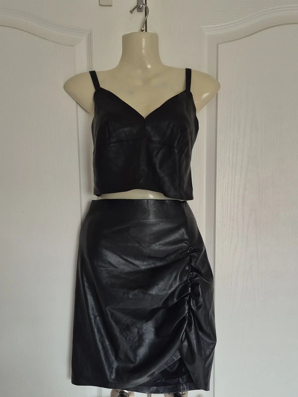 Zara Black Faux Leather Ruched Mini Skirt With Crop Top